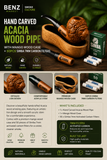 Hand Carved Acacia Wood Pipe with Mango Wood Case + 50pcs Simba 7mm Carbon Filters